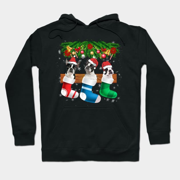 Three Boston Terrier In Sock Christmas Santa Hat X mas Dog Hoodie by franzaled